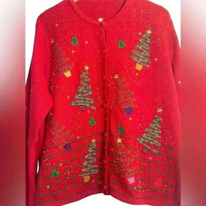 Women’s Christmas Embroidered Button Front Cardigan Sweater Beading Trees Star